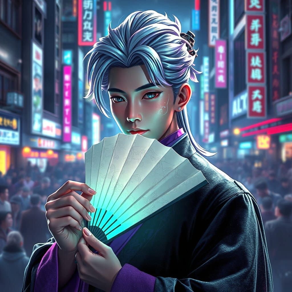 Elegant Wuxia Scholar in Neon Cityscape