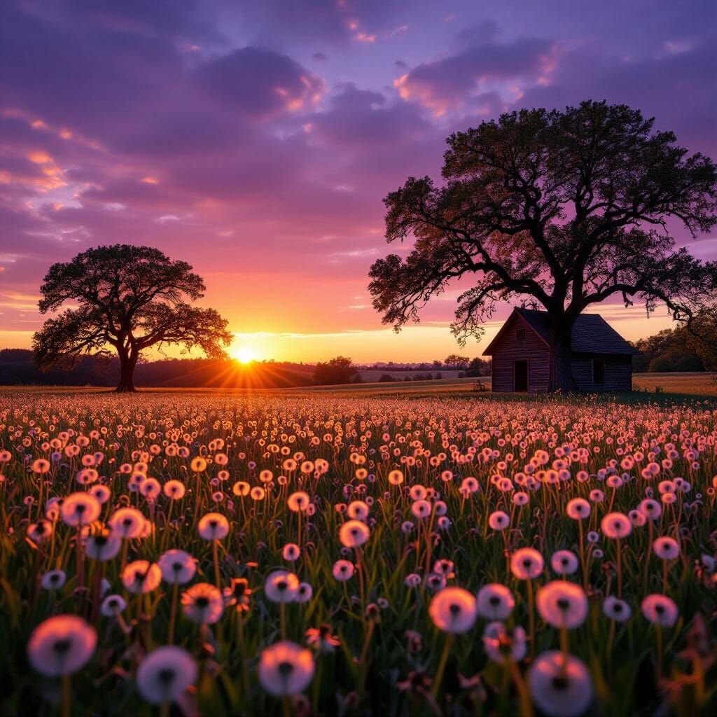 Purple Sunset Over Dandelion Field with Oak Trees