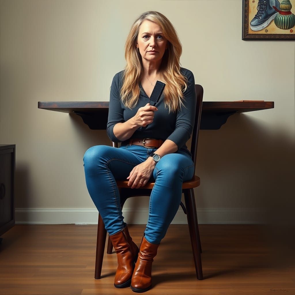 Photorealistic Woman with Hairbrush in Richter Style