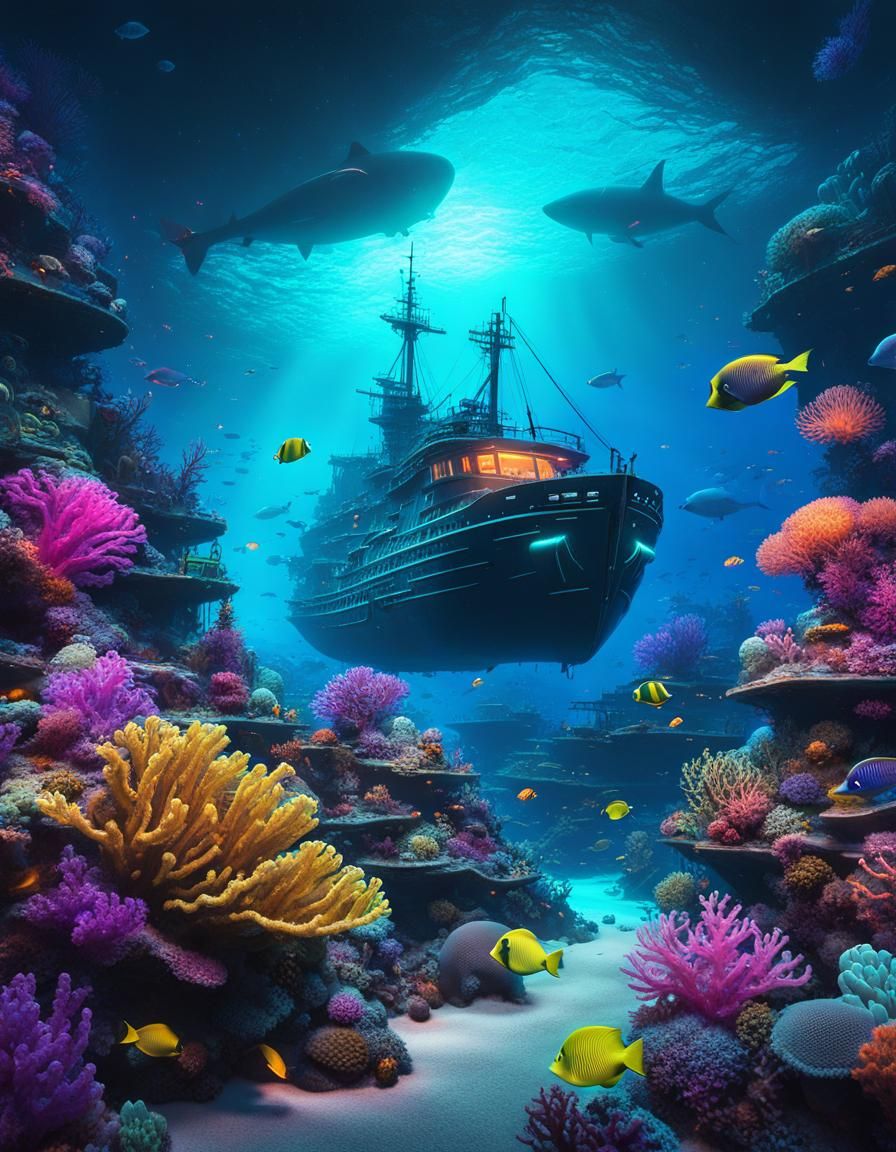 Bioluminescent Sea Creatures in Synthwave Neon Retro Style