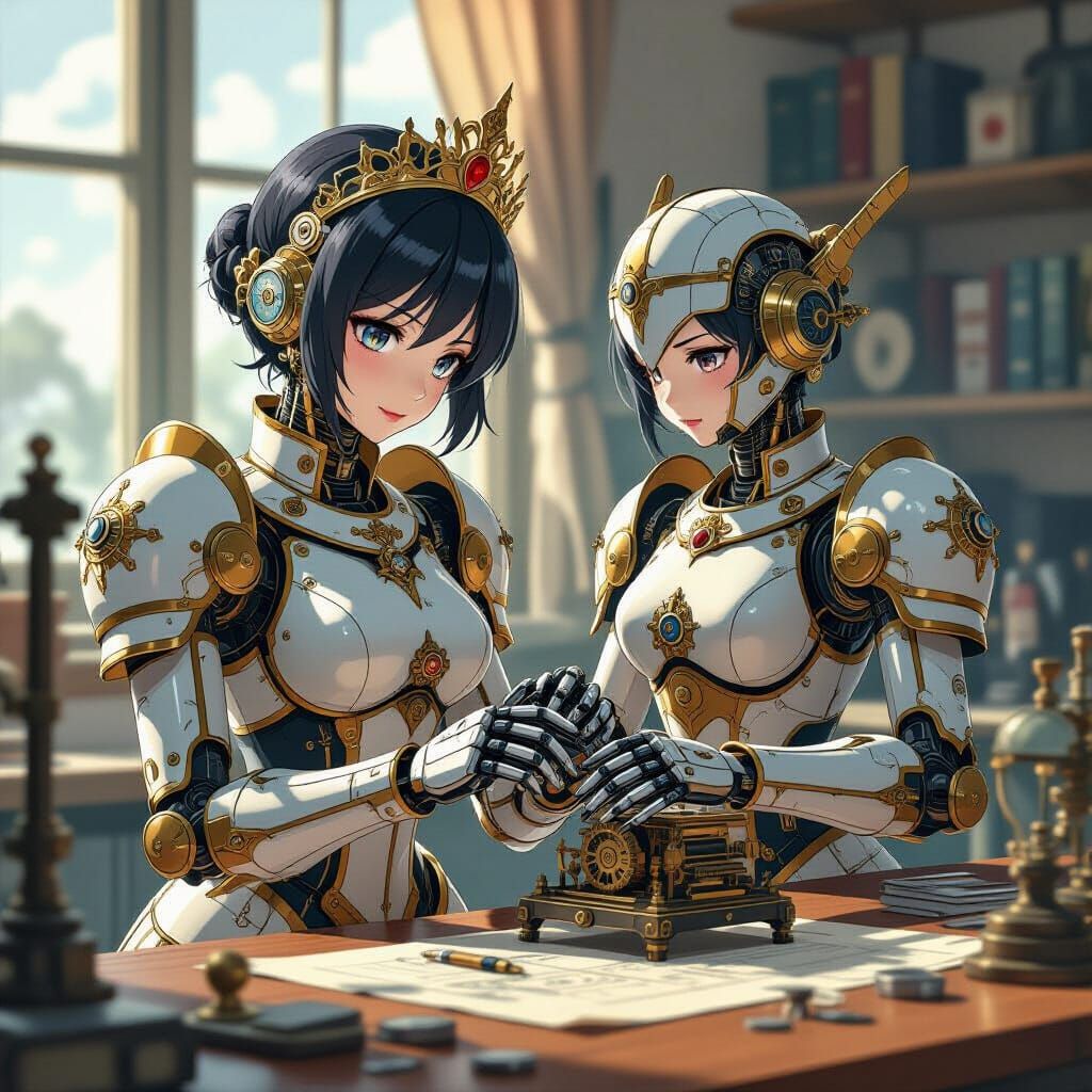 Queen Robot Assembles Clockwork Bird in Vintage Lab