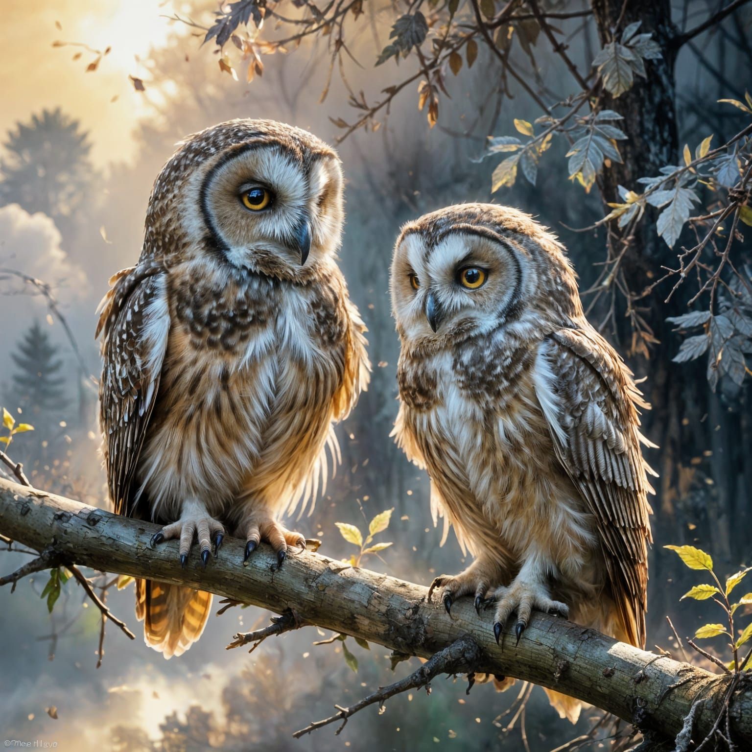 Affectionate Owls in Impressionistic Expressionist Style