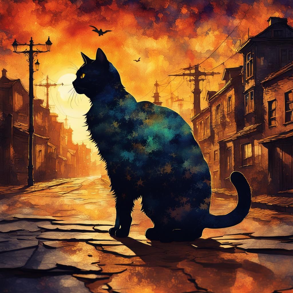 Cat Silhouette Sunset in Steampunk Ink Painting