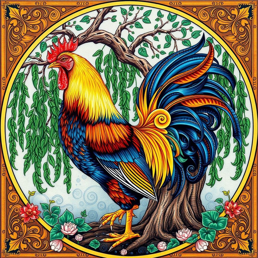 Majestic Chicken Under Willow Tree in Art Nouveau Style