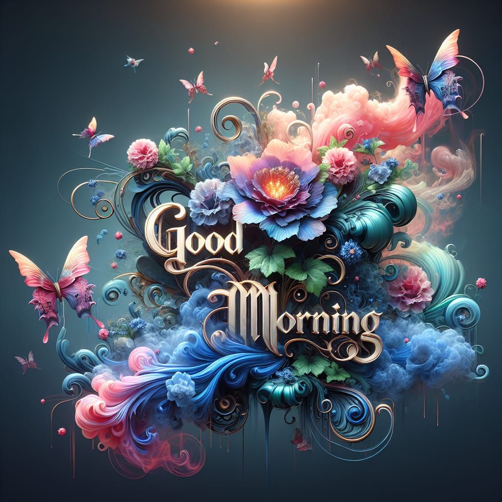 Macabre 3D Scene: Blooming Floral Design with 'Good Morning'