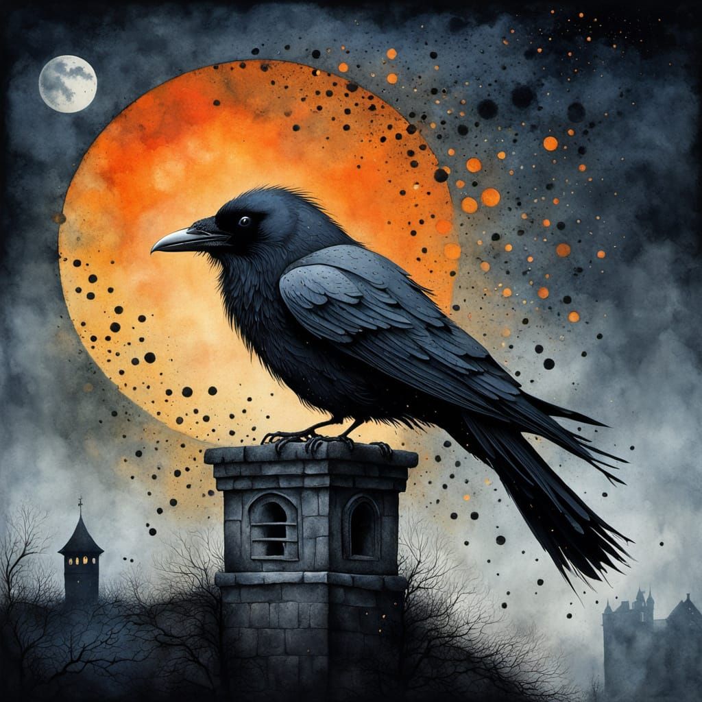 Mysterious Raven on Chimney in Dusky Silver Light