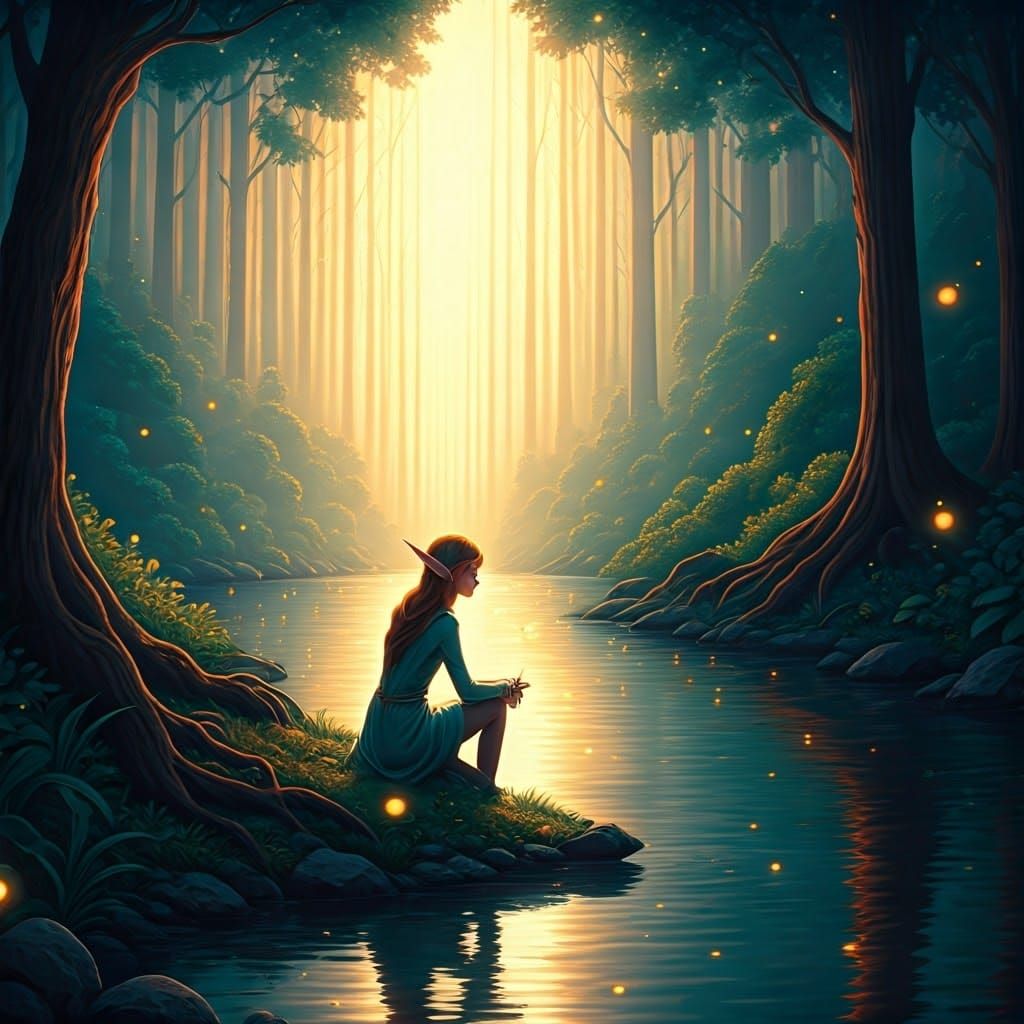 Magical Elf by Illuminated Forest Lake