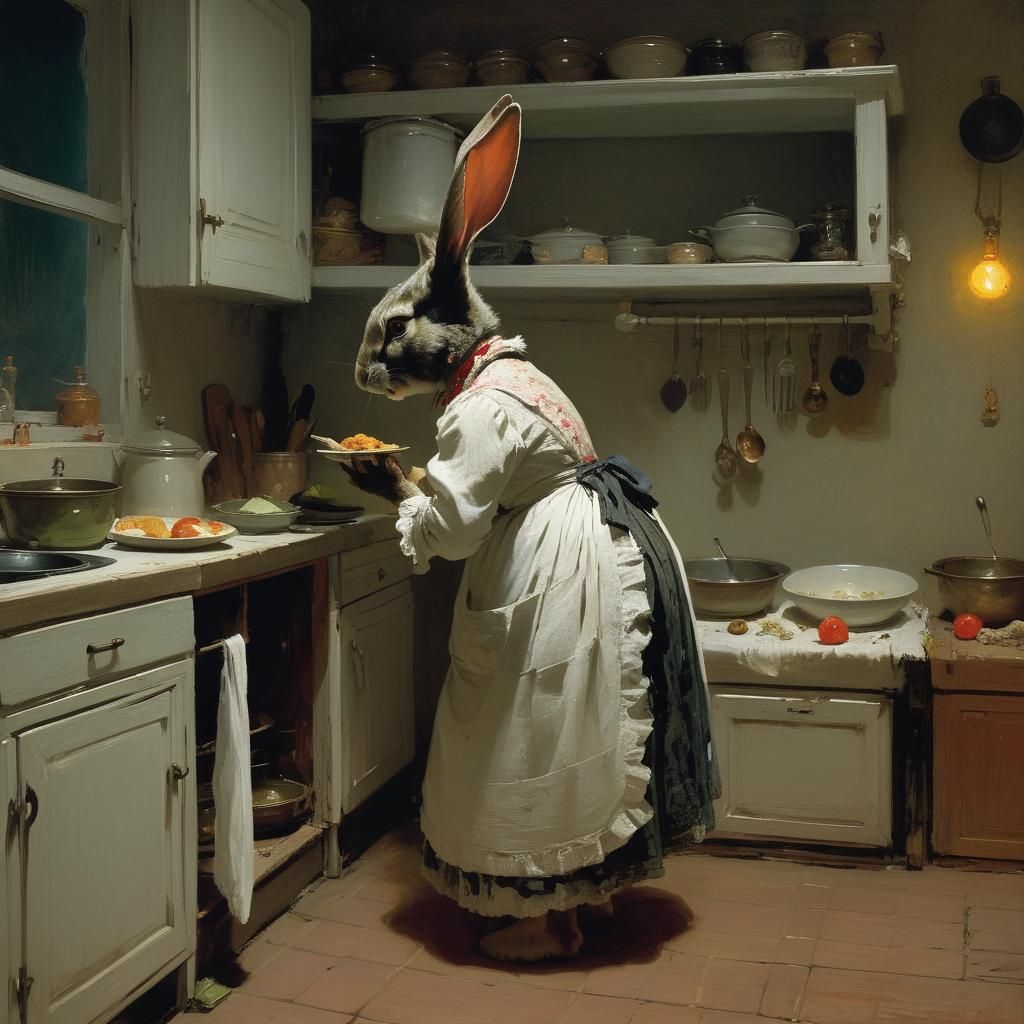 Surreal Rabbit in Kitchen, Painterly Style