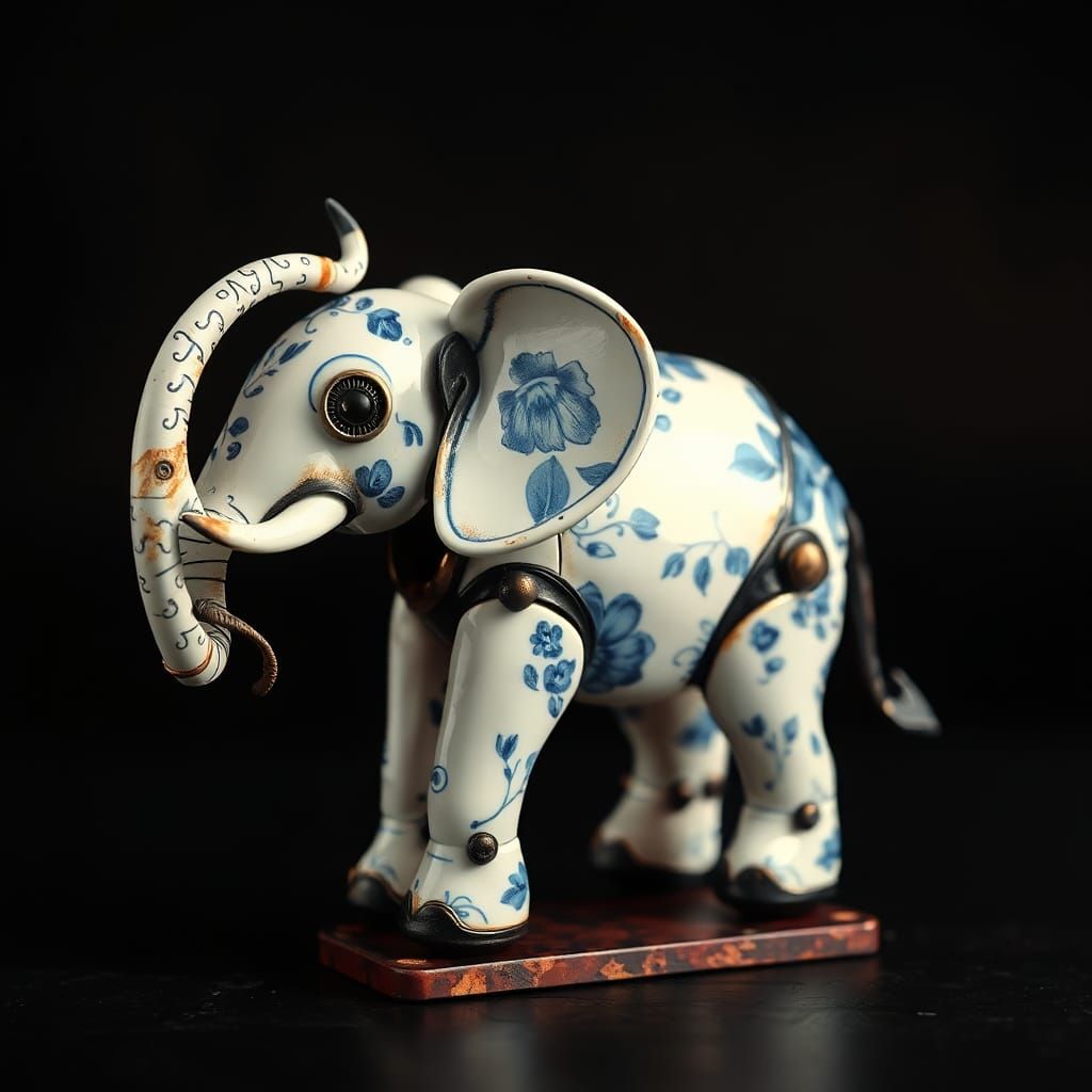 Porcelain Robot Elephant in Dark Metal