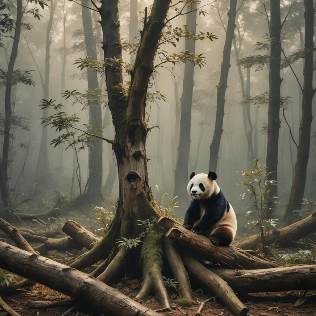 Giant Panda in Misty Forest, Watercolor Concept Art
