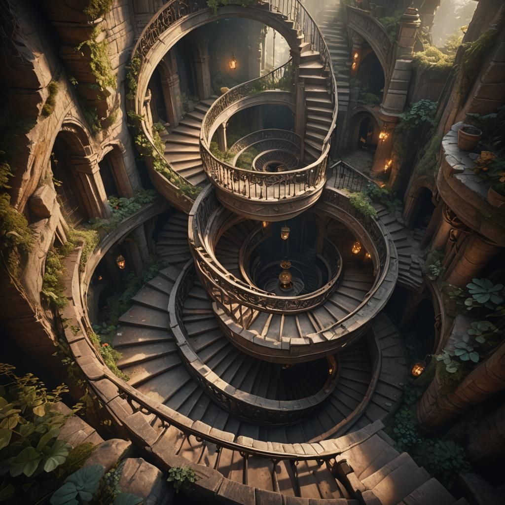 Ethereal Spiral Staircase Descent: Fantasy Concept Art