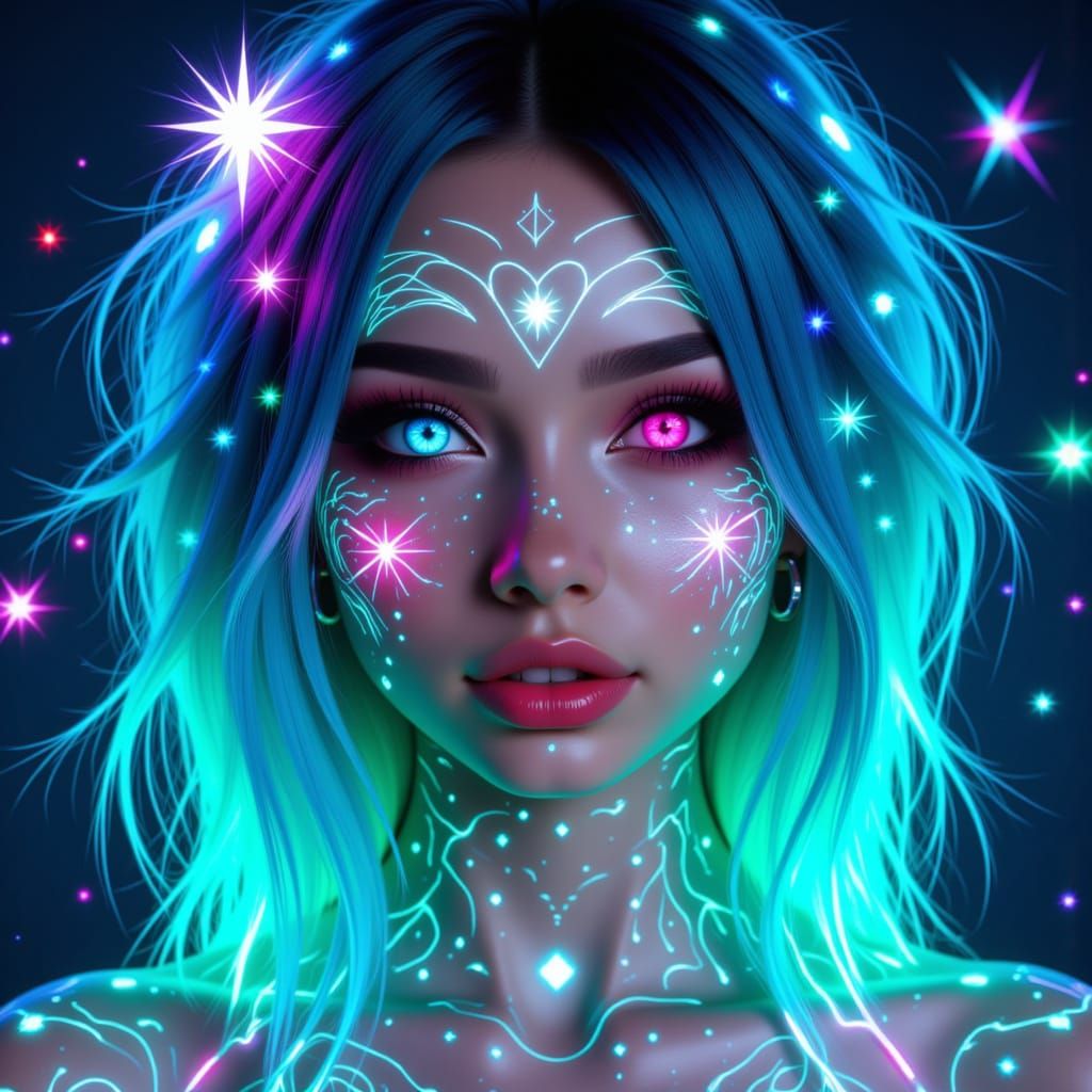 Neon Oracle Woman with Glowing Hair and Circuit Paint