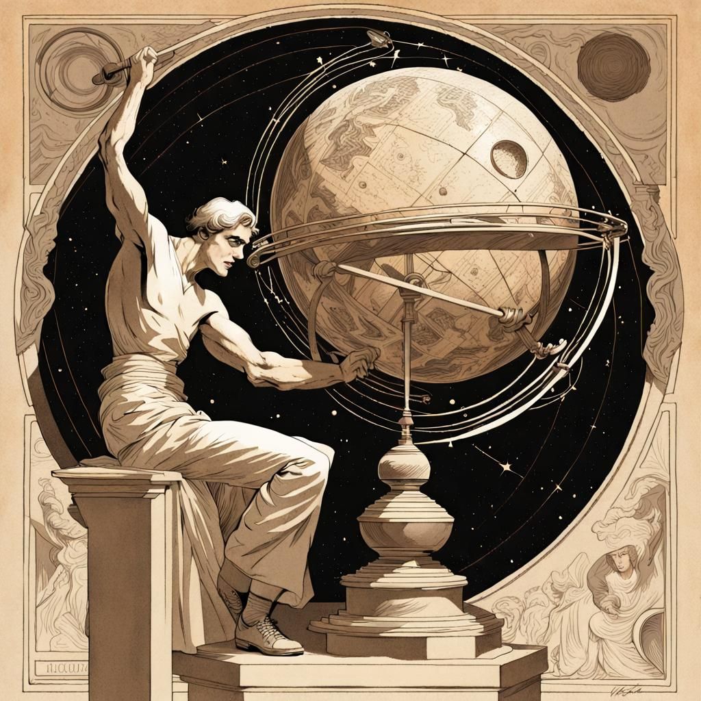 Astronomer and Armillary Sphere in Classic Illustration Styl...