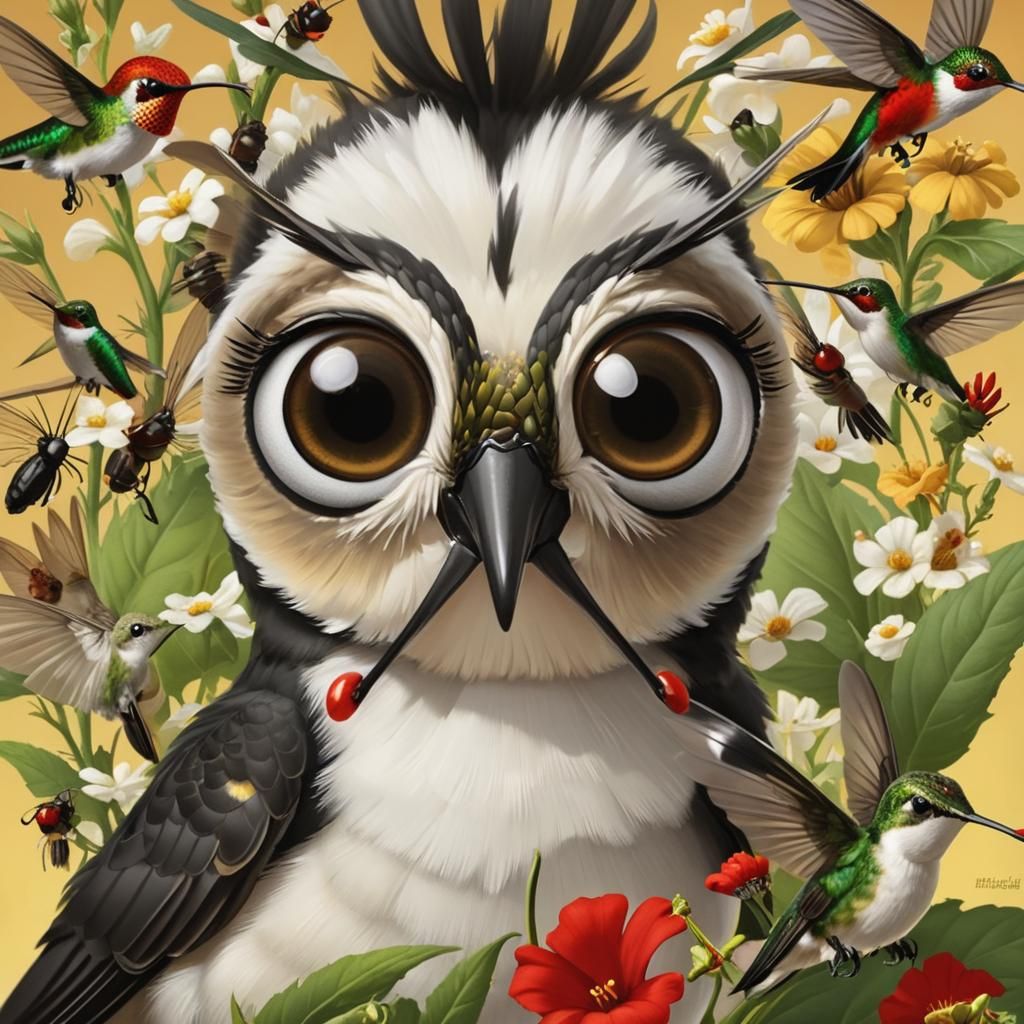 Hummingbird and Bugs Sip Nectar, Gazing Back with Big Eyes