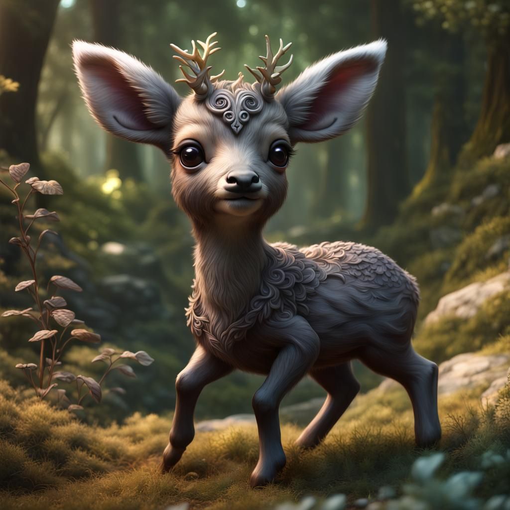 Chibi Tufted Deer in Dark Fantasy Landscape