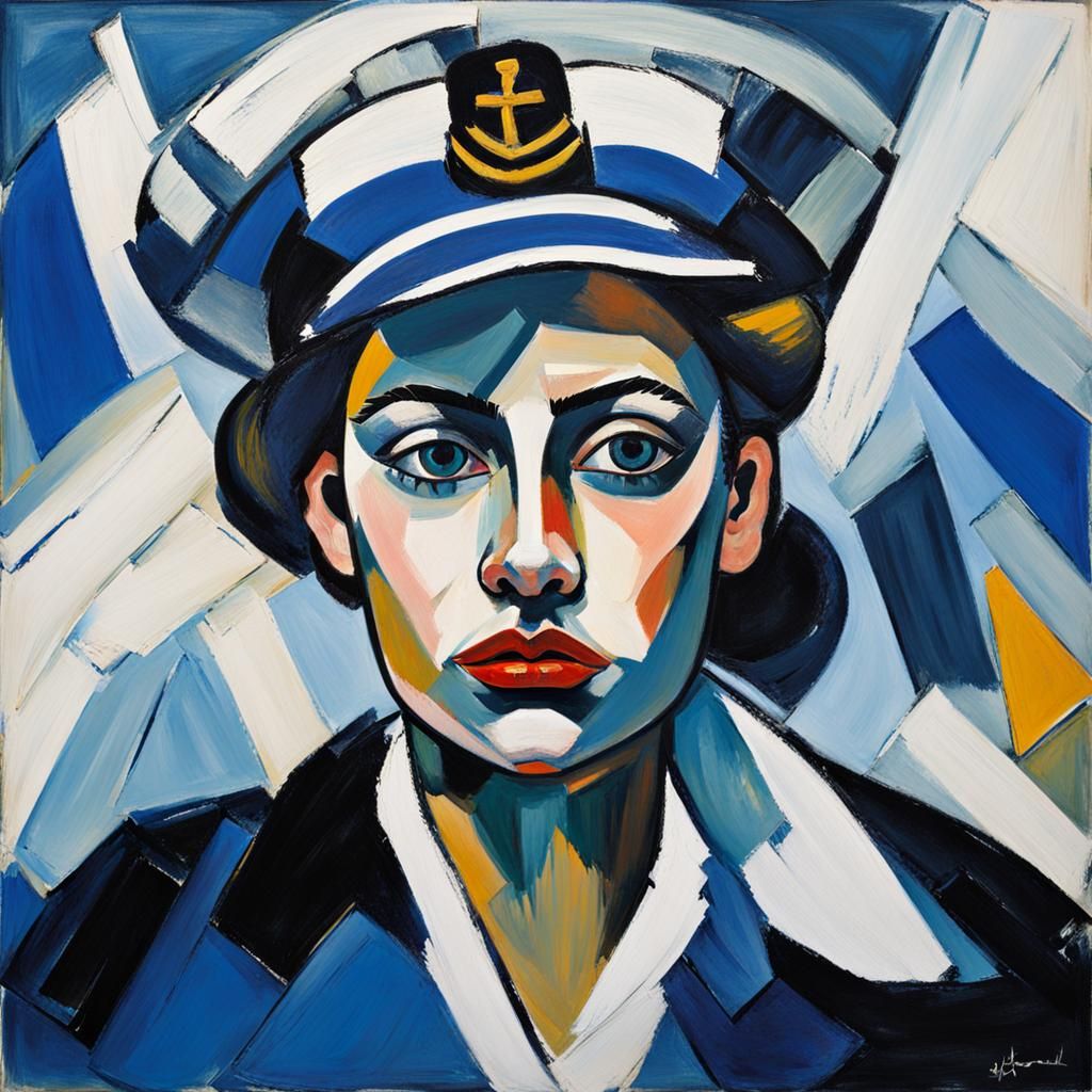 Expressionist Sailor Portrait in White, Blue and Black