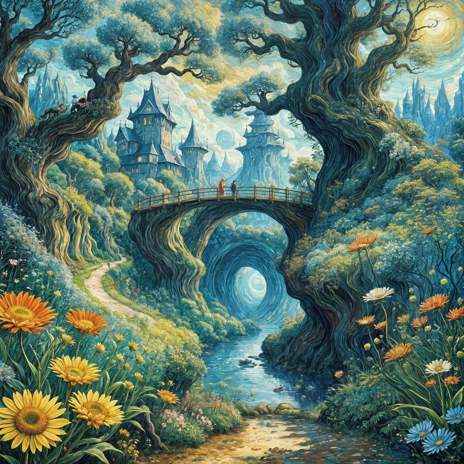 Whimsical Sci-Fi Fantasy Bridge Illustration