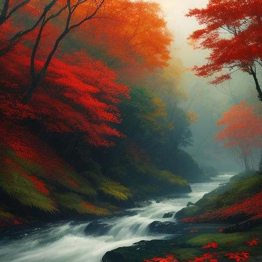 Red Crane Flight Over Autumn River: Hyperrealistic Splash Ar...