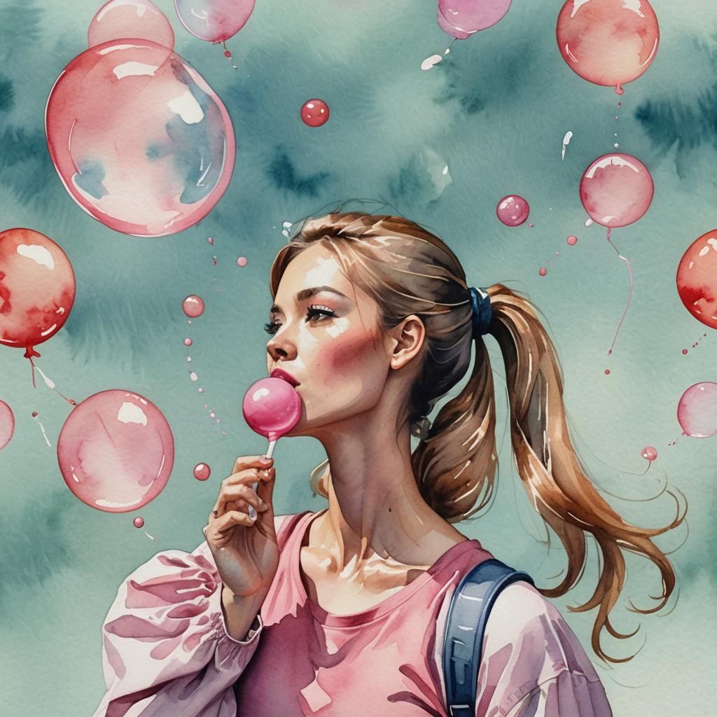 Woman Blowing Bubblegum Bubble in Watercolor