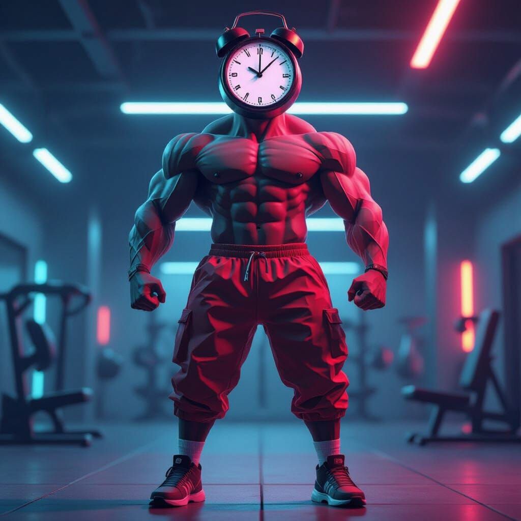 Muscular Man With Clock Head in Gym, Low-Poly 3D Style