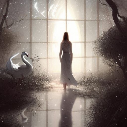 Woman Enters Portal Surrounded by Swans, Stars