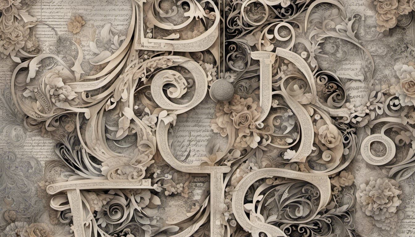 Detailed Typography Collage with Abstract Landscape