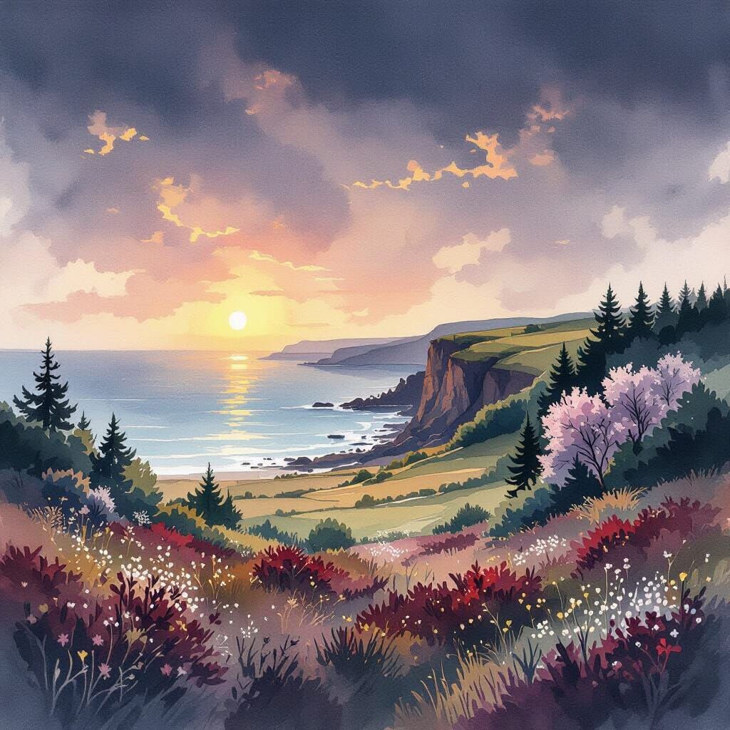 .black, cherry red, teal , cream tones.
a fantasy landscape,...