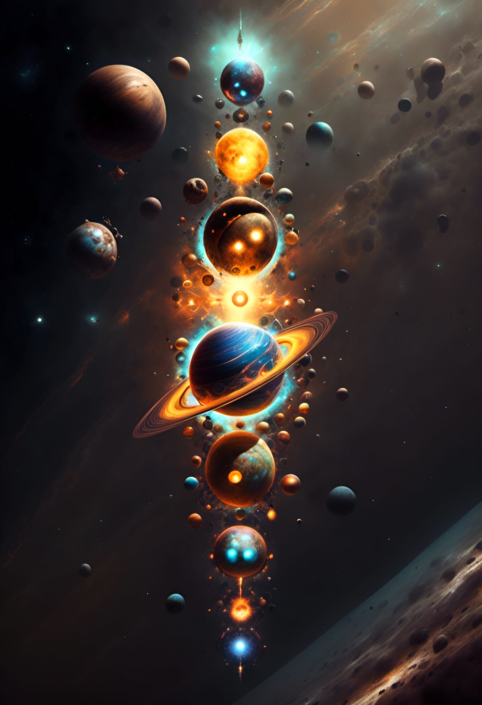 Hyperdetailed Planets Parade in Dark Cyberspace