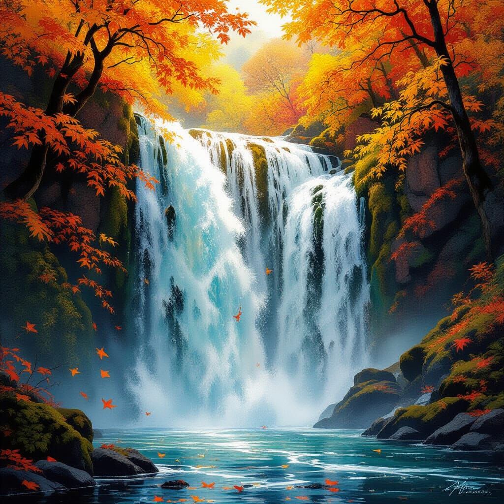 Autumn Leaves Waterfall in Hyperrealistic Splash Art Style