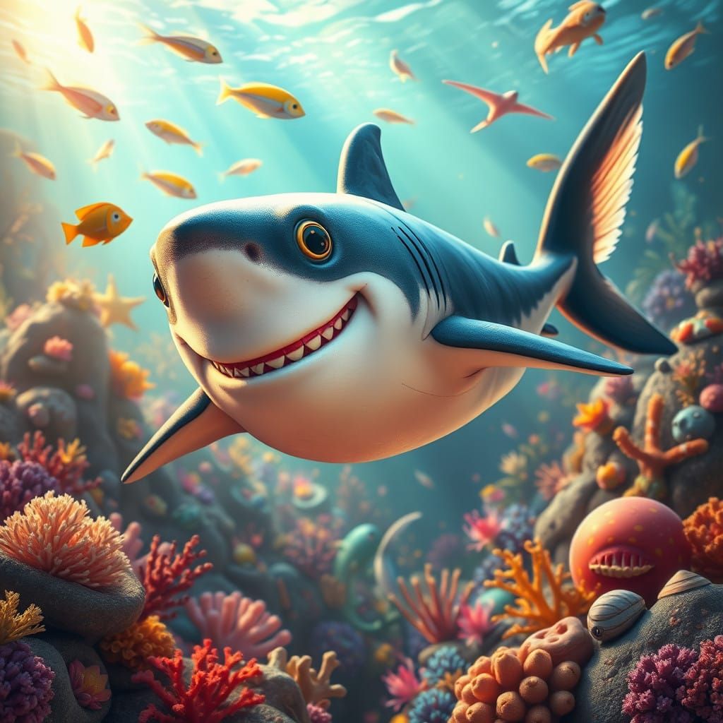 Enchanted Oceanic Realm: Vibrant Shark in Whimsical Watersca...