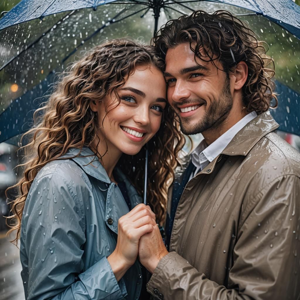 Romantic Couple in Rain, Cobalt Blue Eyes