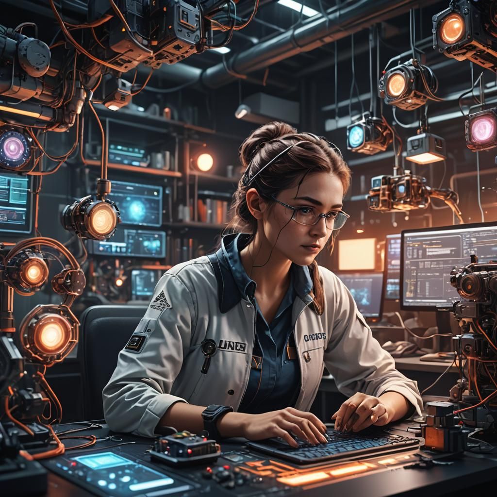 Female Programmer in Lab: Detailed Matte Painting