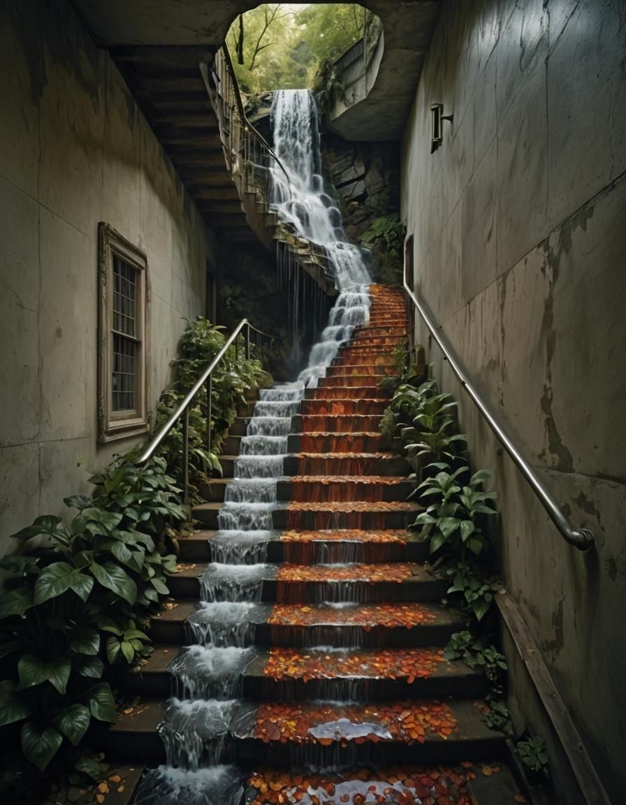 Surreal Waterfall Flows Down Escher-esque Stairs
