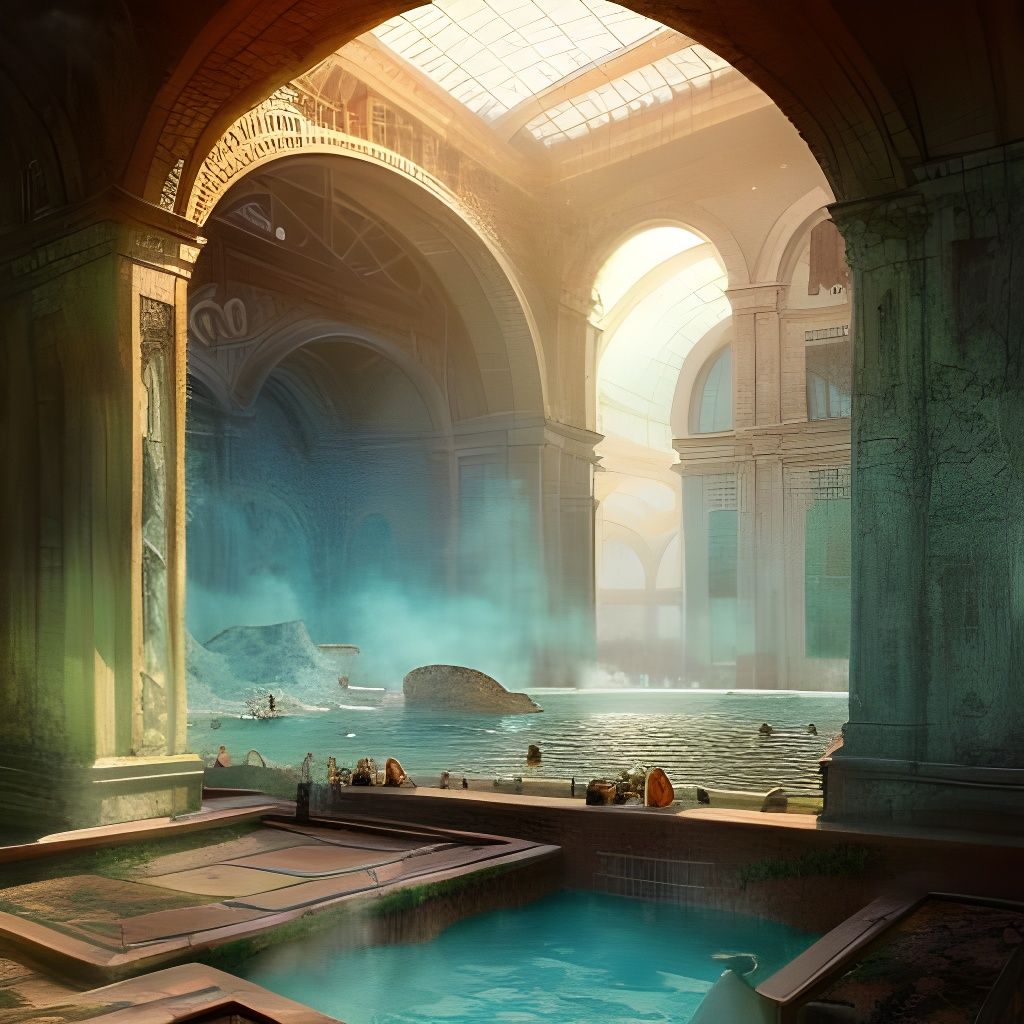 Lush Ancient Thermal Baths in Digital Illustration