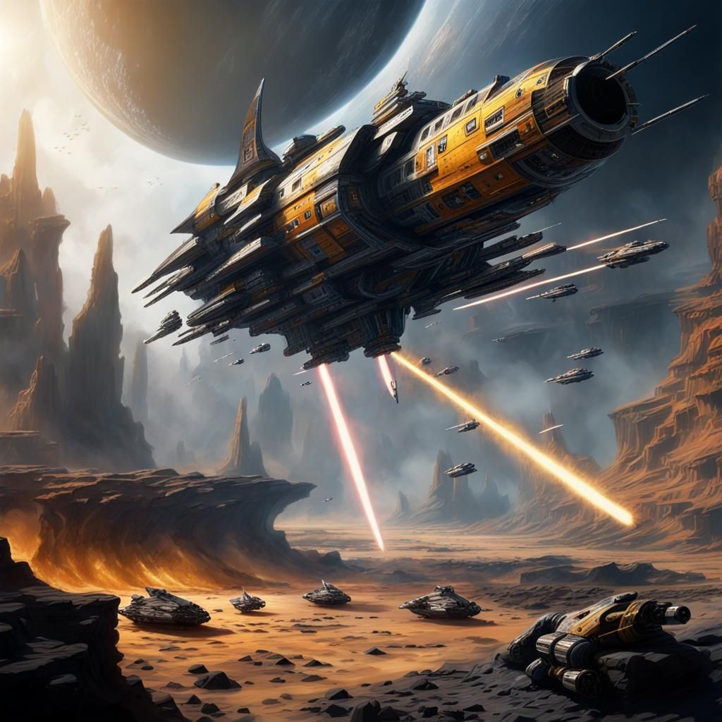 Starship Battle in Chris Foss Style, Hyperrealistic