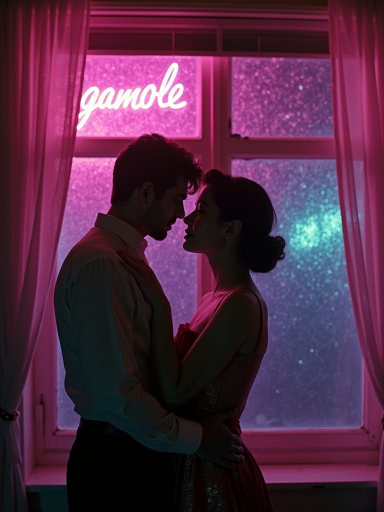 Romantic Embrace in Neon Noir Retro Photography