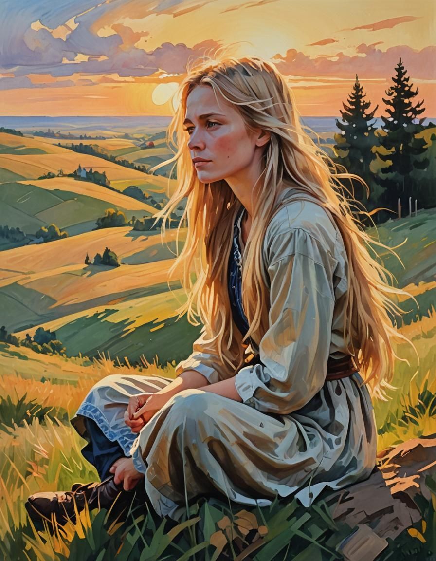 Slavic Girl Gazing at Sunset: Gouache Impressionist Painting