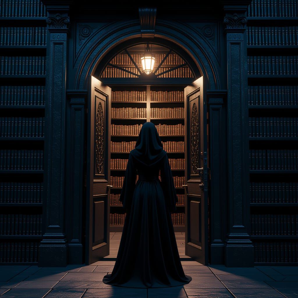 Mysterious Night Library Guarded by Hooded Woman