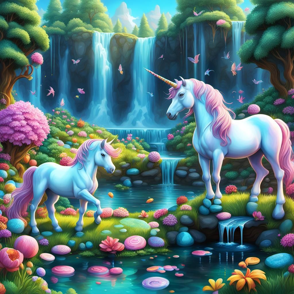 Unicorns in a Magical Candyland Garden