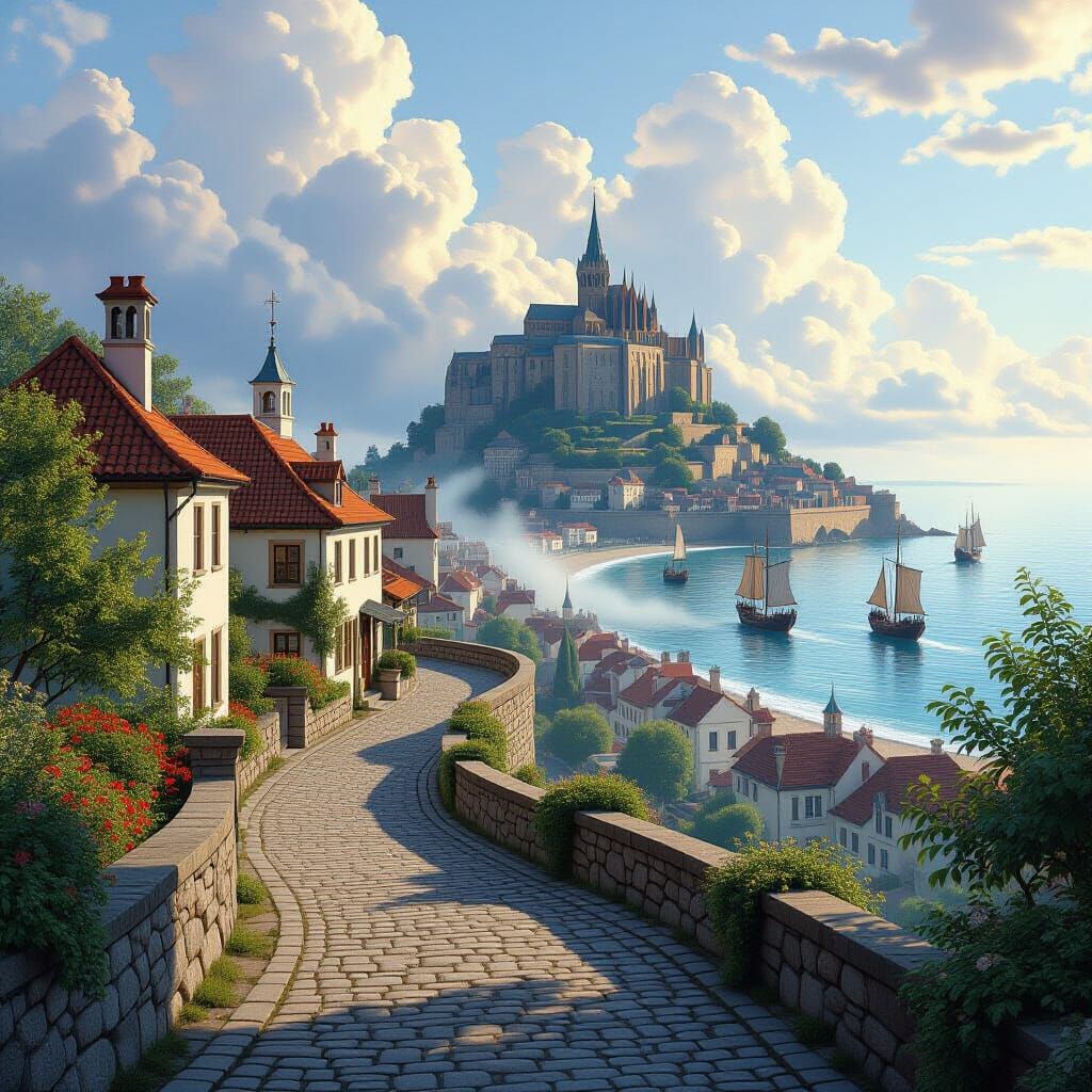 Idyllic Path to 17th Century City in Painterly Style