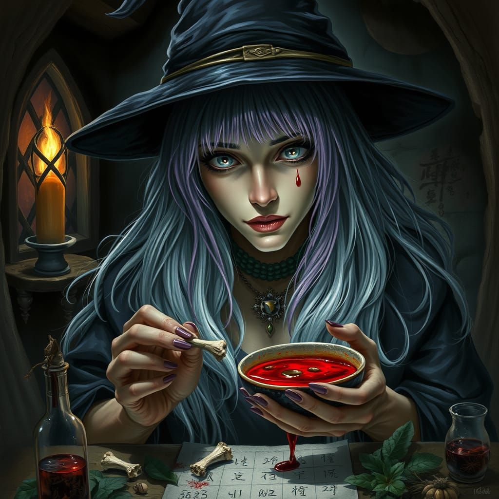 Mystical Witch Fortune Teller in Dark Cottage