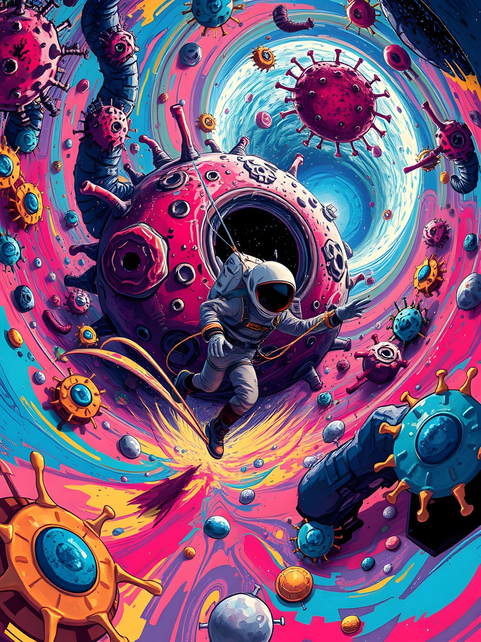 Space Traveler Escaping Microbe in Graffiti Art Style