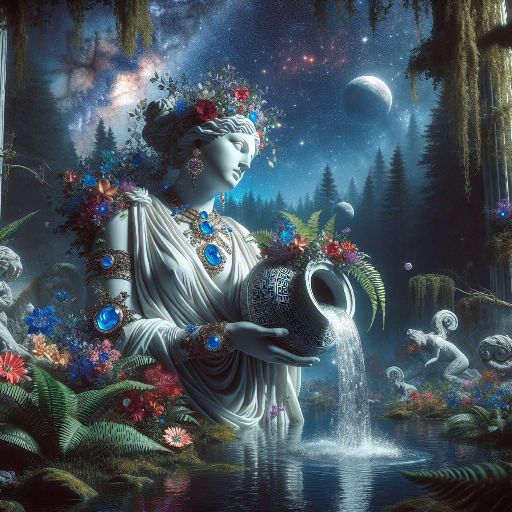 Aquarius in Moonlit Jungle, Hyperrealistic CGI Masterpiece