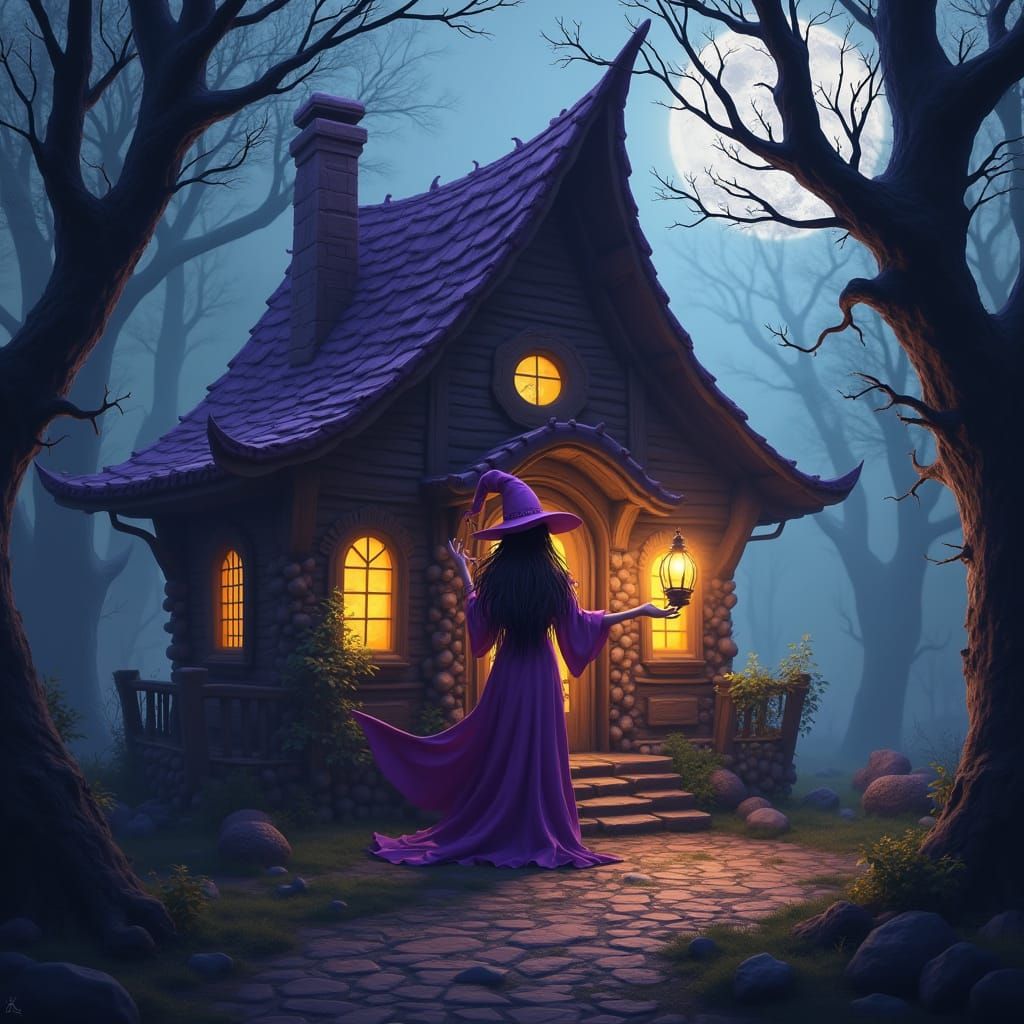 Mystical Witch in Eerie Forest Cottage
