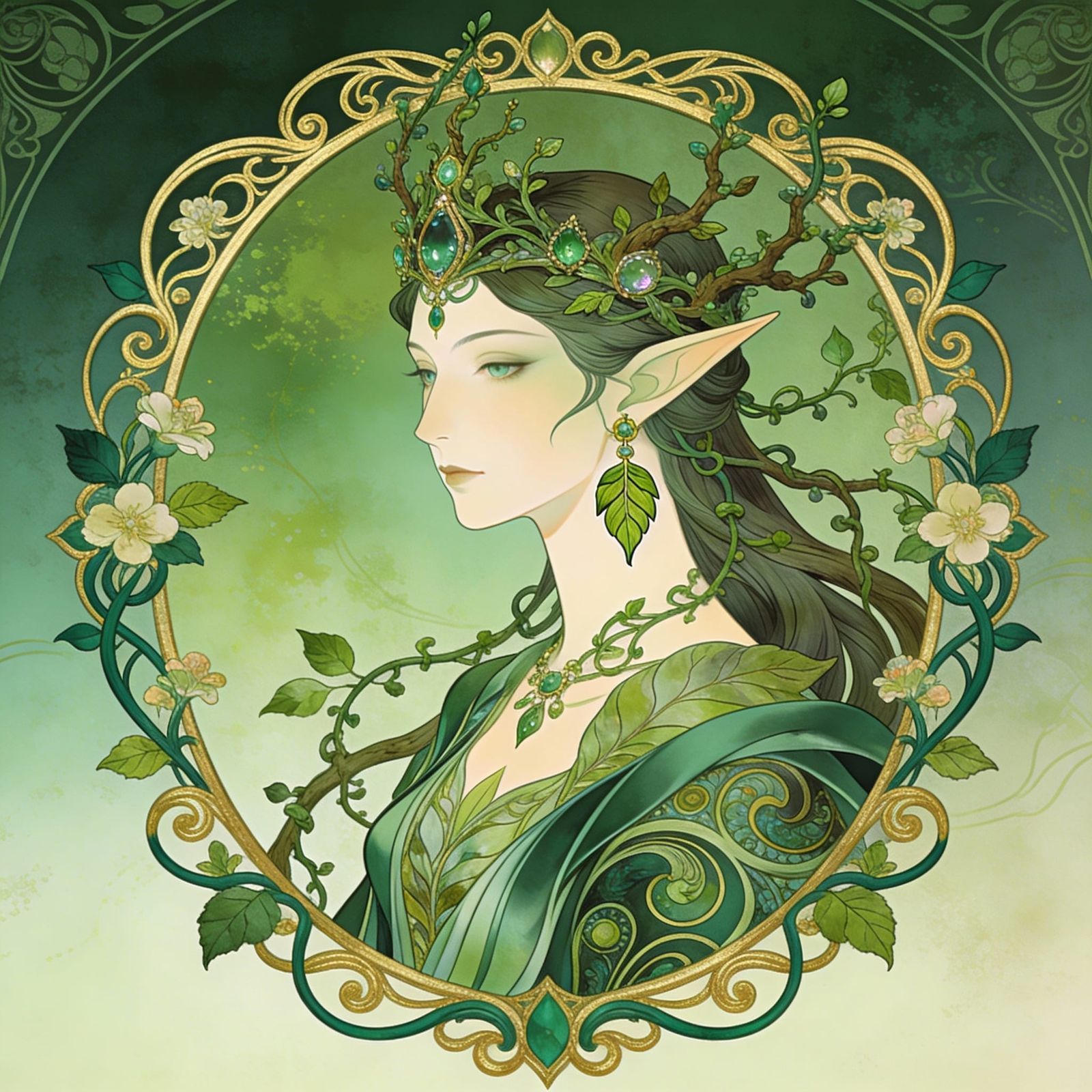 Wood Elf Queen Portrait in Art Nouveau Style