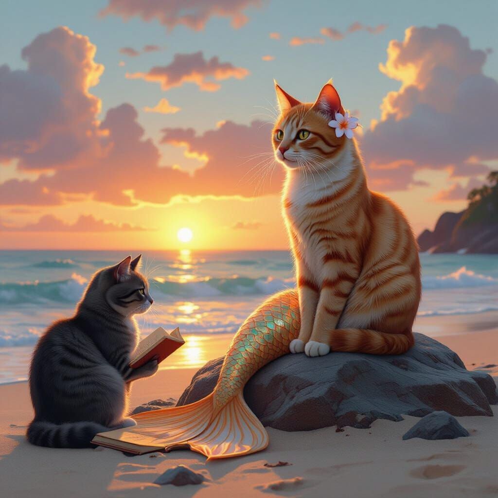Sunset Mermaid Cat in Hyperrealistic Seascape