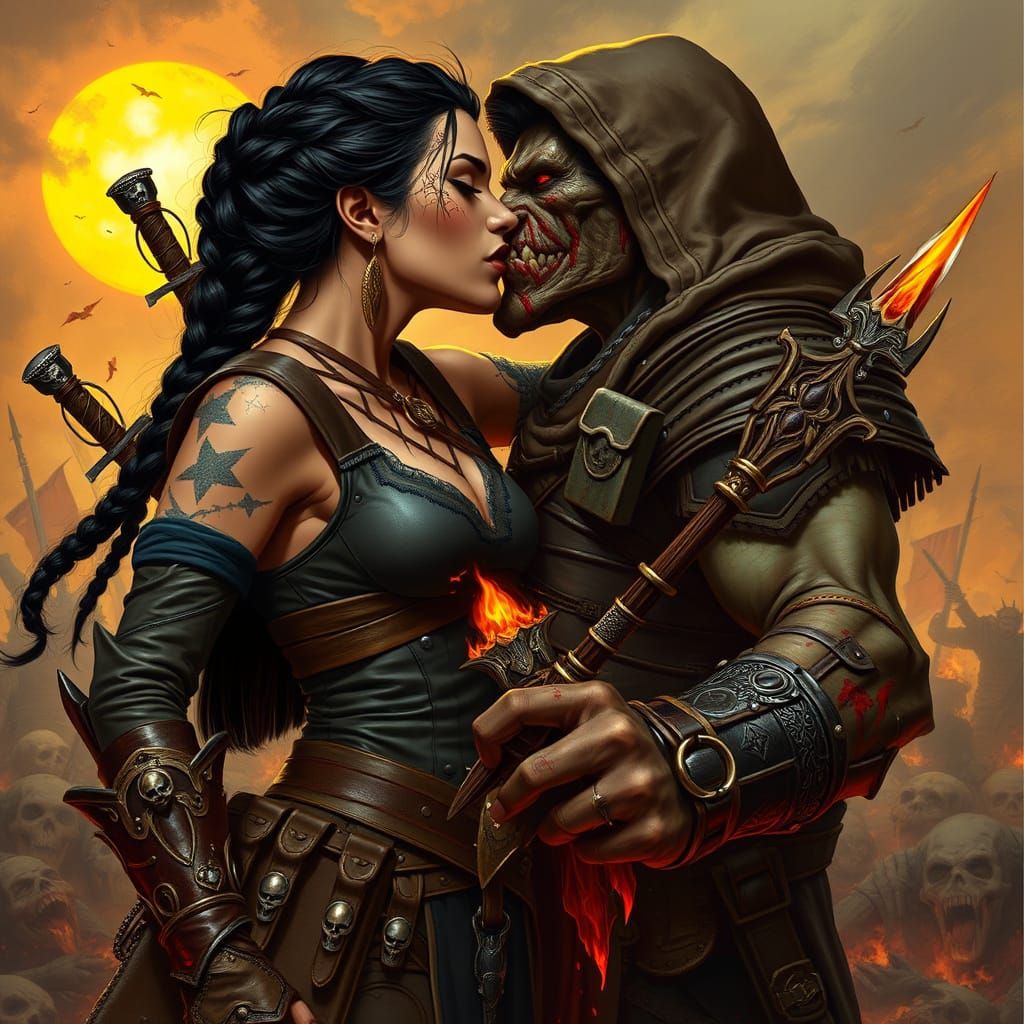 Mystical Thief and Orc Magician's Battlefield Kiss