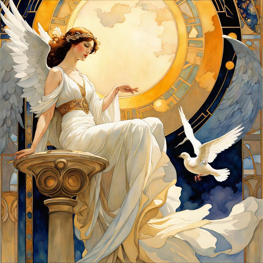 Hyperdetailed Angel and Dove in Watercolor Light Wash