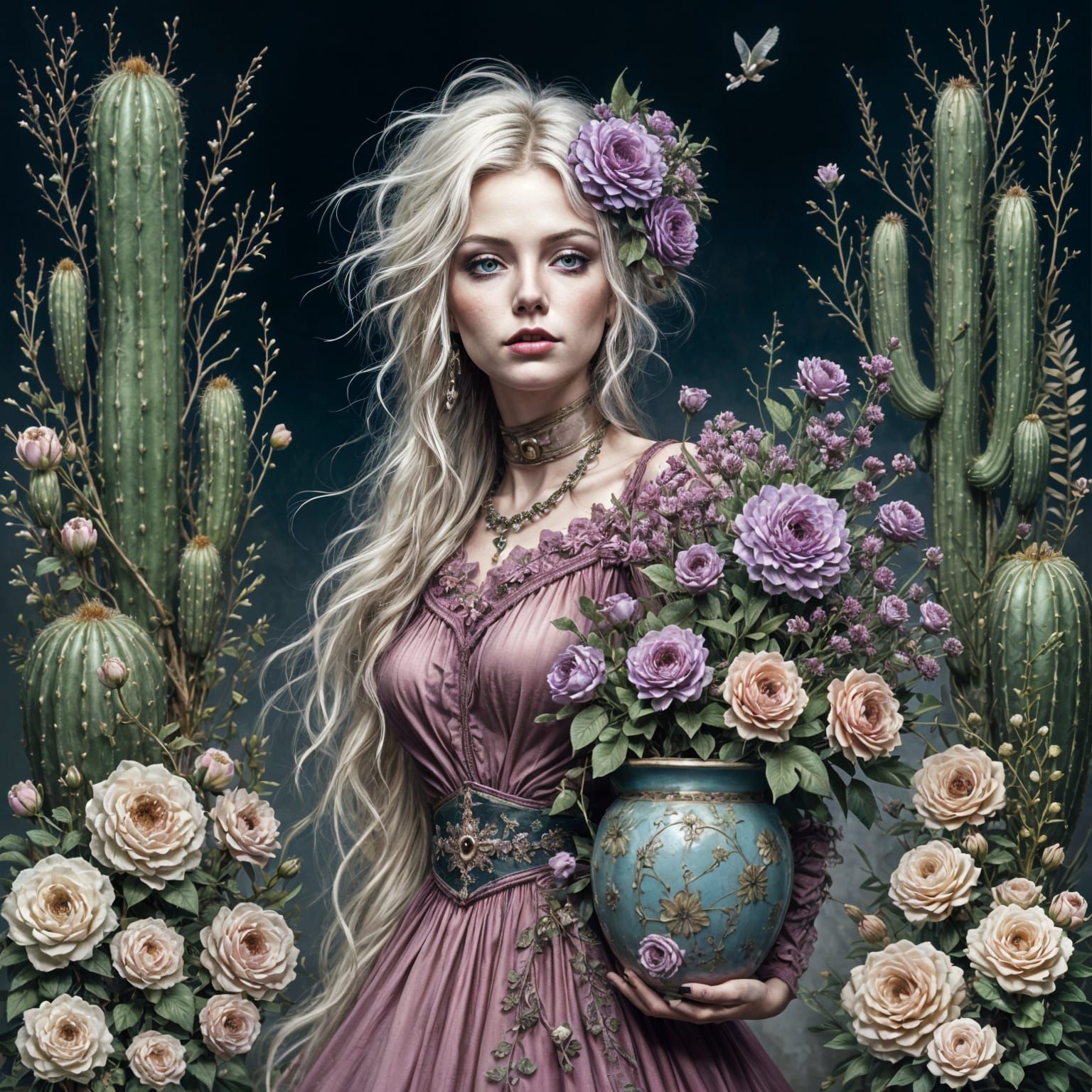 Woman Carrying Cactus with Flowers in Dark Setting