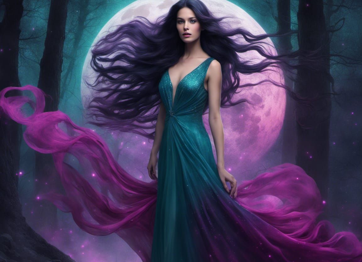 Dark-Haired Woman Emerges from Forest in Gown